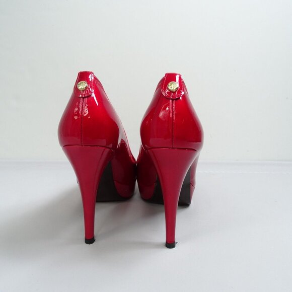 Stuart Weitzman Candy Apple Red Patent Leather‎ Peep-Toe Pumps Size 7 N Platform - Picture 3 of 9